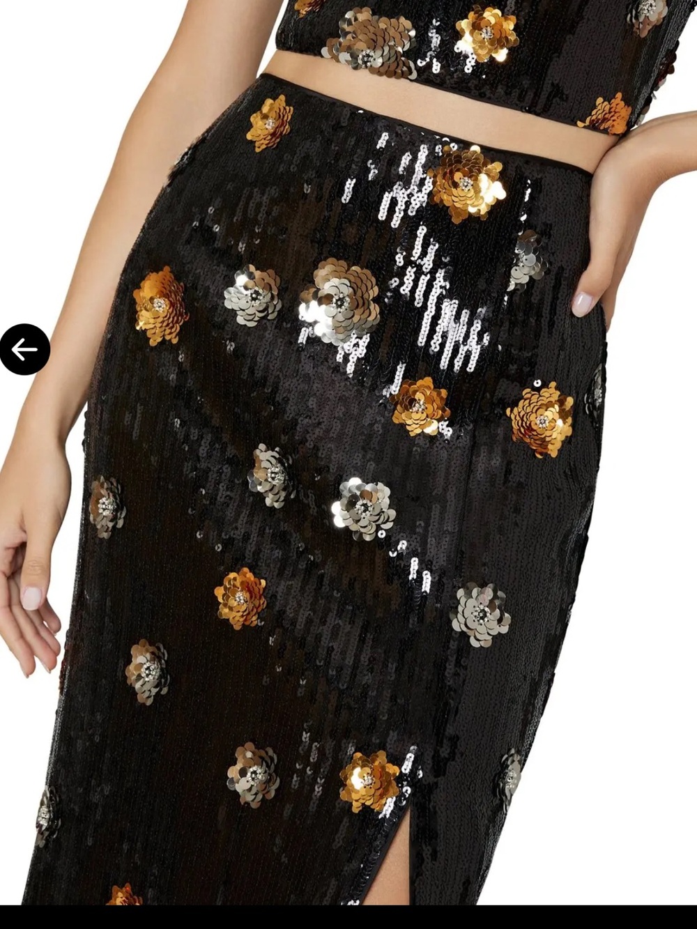 Milly Black Sequin Pencil Skirt with Gold & Silver Floral Appliqués - Picture 2 of 4